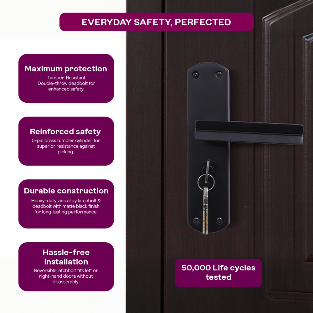 Godrej Mortise Lock I EuroProfile 60mm Cylinder | EM05 | Double Throw Deadbolt | Common Keys | Reversible Latch | Matte Black Finish | Anti-Corrosion Brass Body | 5 Year Warranty